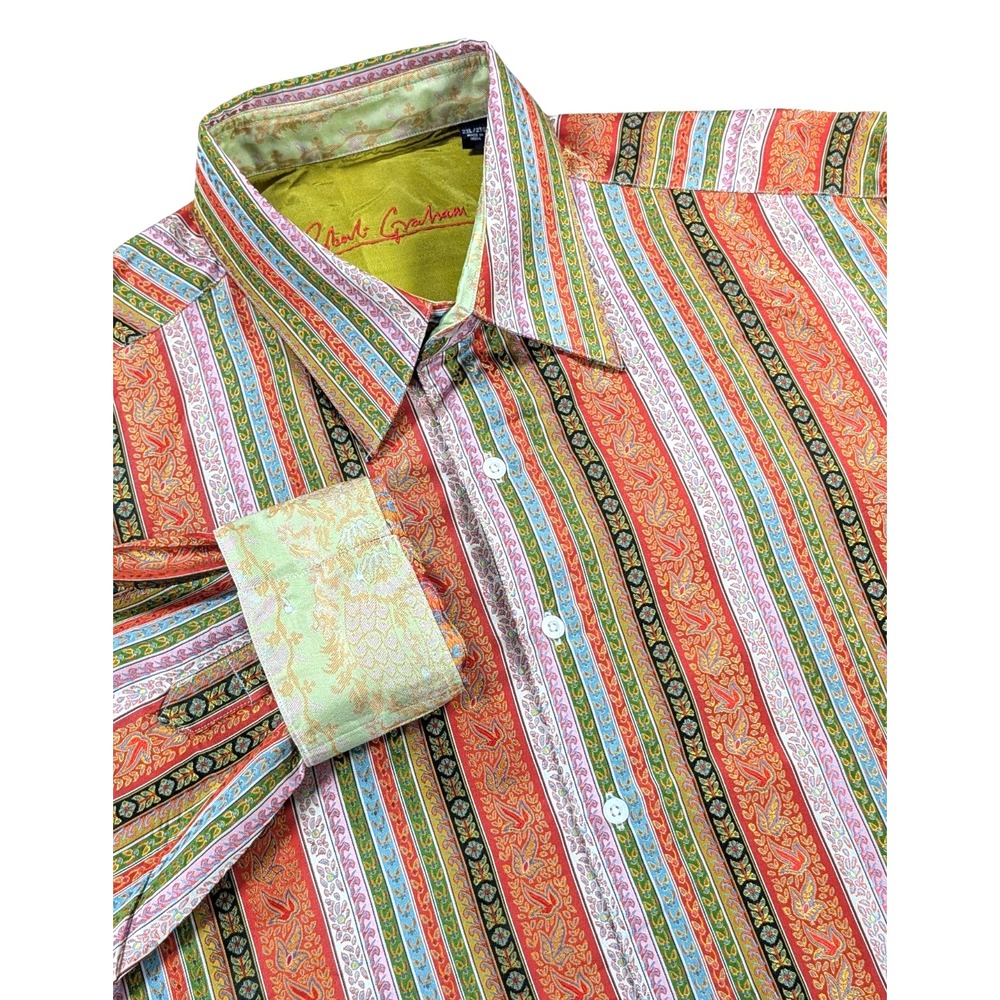 Robert Graham 100% Silk Shirt Mens 2XL Multicolor Striped Paisley Jacquard Flip
